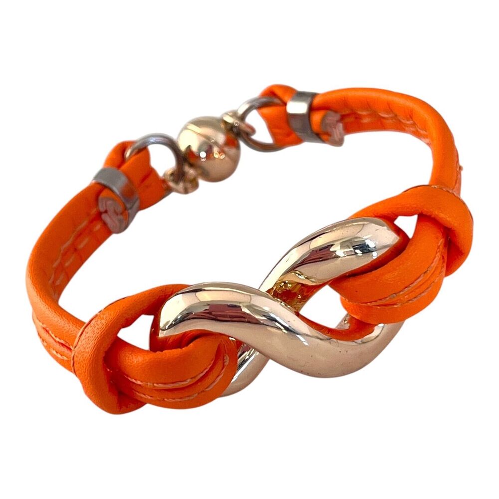 New Statement Bracelet Gold Tone Orange Leather Magnetic Closure - 10I